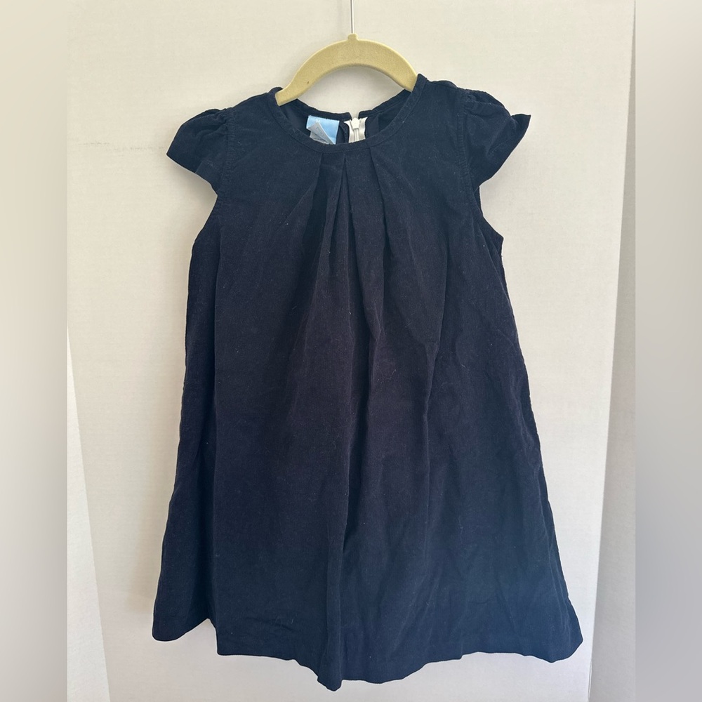 Bella Bliss Navy Corduroy Girls Dress with Floral Tie Bow at Back